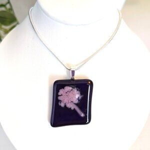Dark purple abstract lavender flower pendant necklace, Asymmetrical jewelry